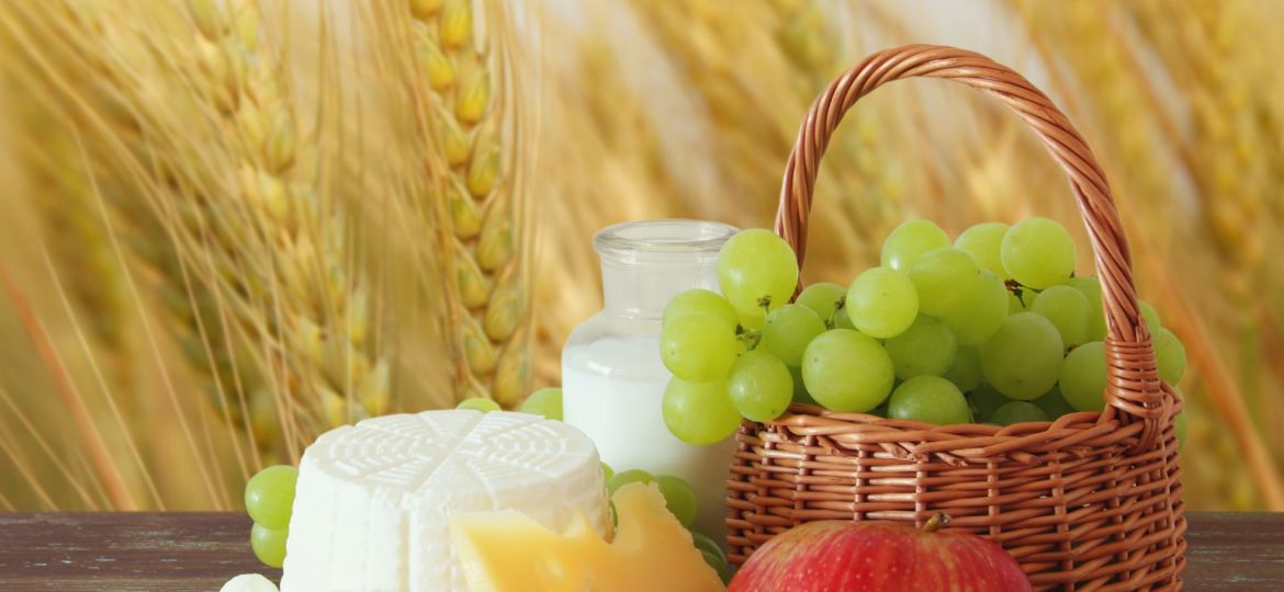 dairy products and fruits. Symbols of jewish holiday - Shavuot